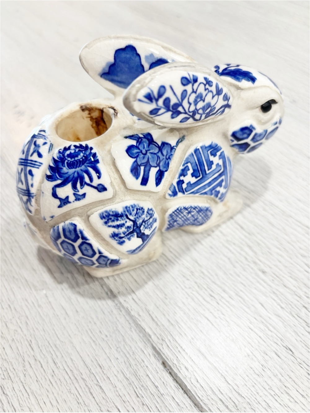 NANCY LOPEZ 1980 Blue & White Asian Pottery Mosaic Rabbit Bunny Candlestick